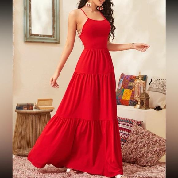 Red lace up back ruffle hem cami maxi dress - Picture 6 of 6
